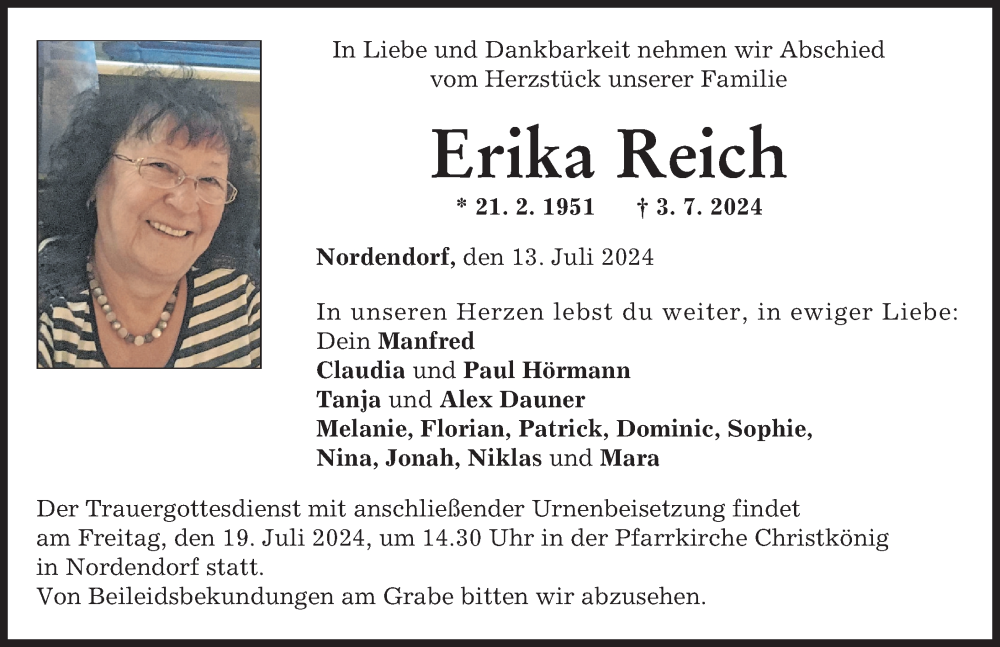  Traueranzeige für Erika Reich vom 13.07.2024 aus Augsburg-Land