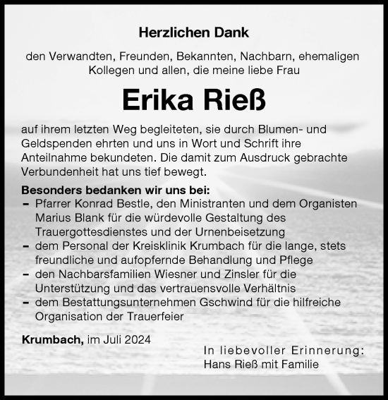 Traueranzeige von Erika Rieß von Mittelschwäbische Nachrichten