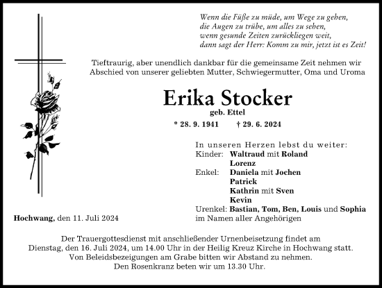 Traueranzeige von Erika Stocker von Günzburger Zeitung