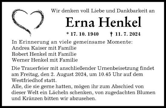 Traueranzeige von Erna Henkel von Augsburger Allgemeine