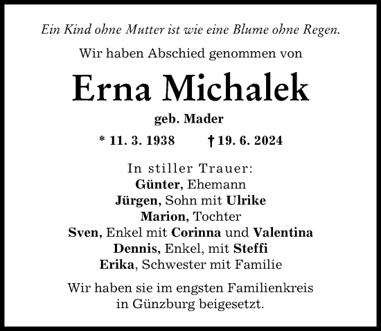 Traueranzeige von Erna Michalek von Günzburger Zeitung