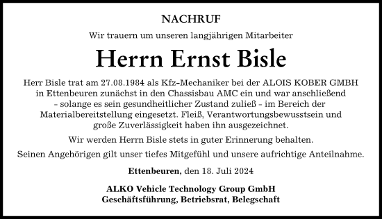 Traueranzeige von Ernst Bisle von Mittelschwäbische Nachrichten