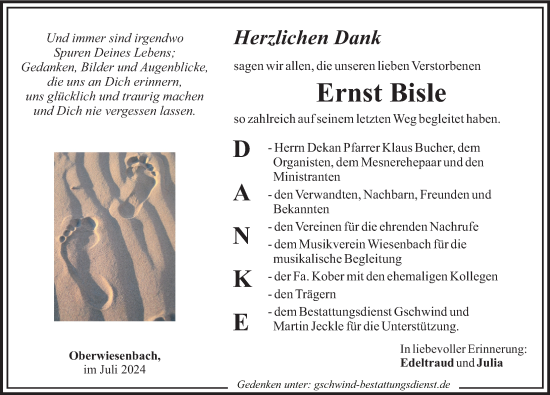 Traueranzeige von Ernst Bisle von Mittelschwäbische Nachrichten