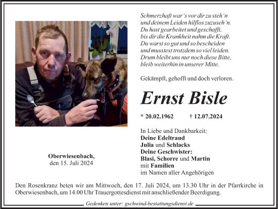 Traueranzeige von Ernst Bisle von Mittelschwäbische Nachrichten