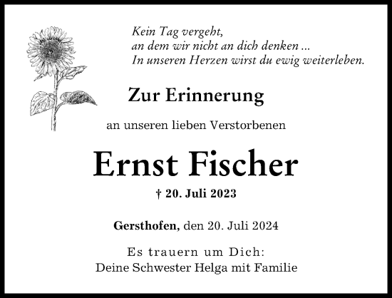 Traueranzeige von Ernst Fischer von Augsburger Allgemeine