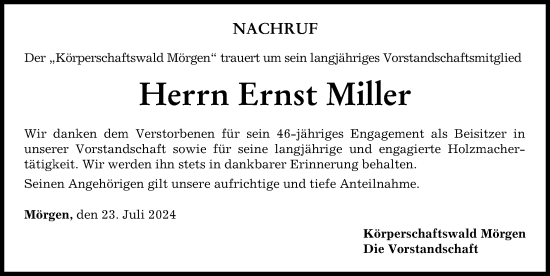 Traueranzeige von Ernst Miller von Mindelheimer Zeitung