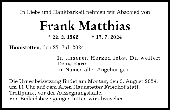 Traueranzeige von Frank Matthias von Augsburger Allgemeine