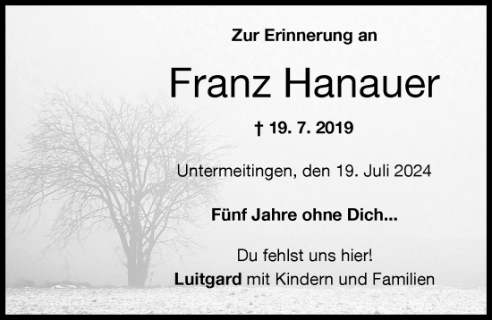 Traueranzeige von Franz Hanauer von Schwabmünchner Allgemeine