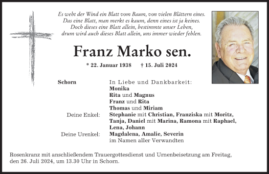 Traueranzeige von Franz Marko sen. von Neuburger Rundschau