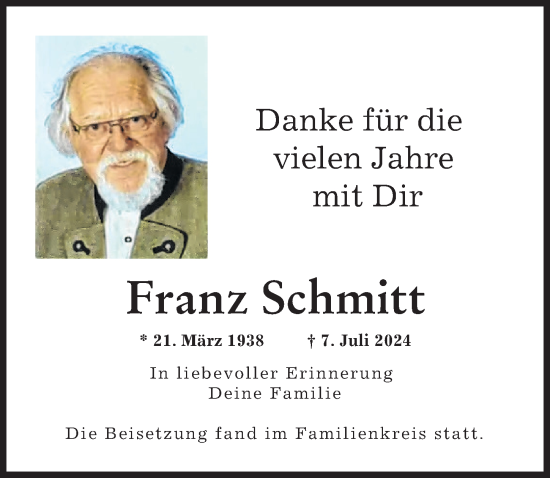 Traueranzeige von Franz Schmitt von Augsburger Allgemeine