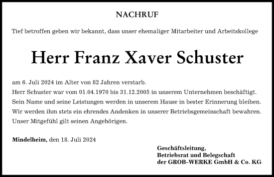 Traueranzeige von Franz Schuster von Mindelheimer Zeitung
