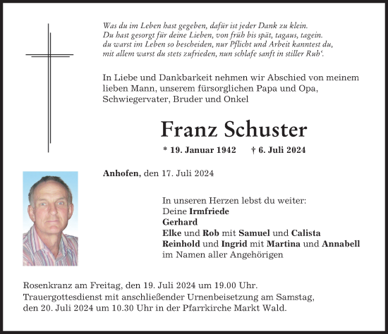 Traueranzeige von Franz Schuster von Mindelheimer Zeitung