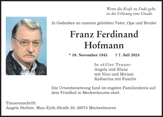 Traueranzeige von Franz Ferdinand Hofmann von Augsburger Allgemeine