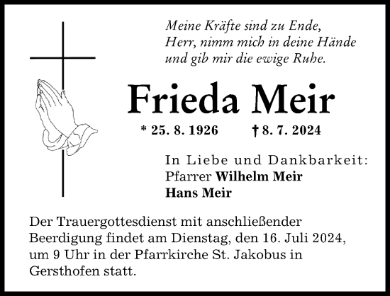 Traueranzeige von Frieda Meir von Wertinger Zeitung, Augsburg-Land