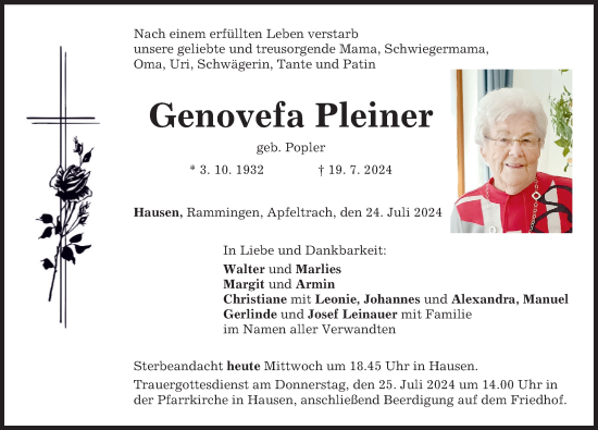 Traueranzeige von Genovefa Pleiner von Mindelheimer Zeitung