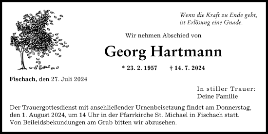 Traueranzeige von Georg Hartmann von Augsburger Allgemeine