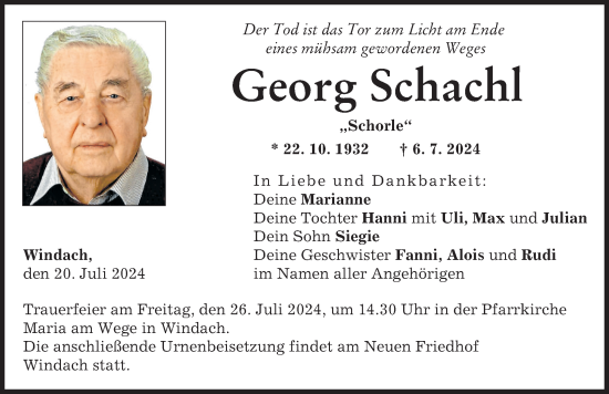 Traueranzeige von Georg Schachl von Landsberger Tagblatt
