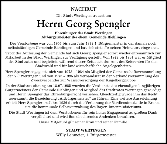Traueranzeige von Georg Spengler von Wertinger Zeitung