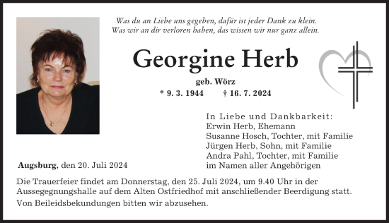 Traueranzeige von Georgine Herb von Augsburger Allgemeine