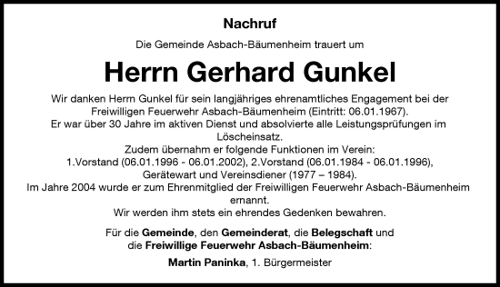 Traueranzeige von Gerhard Gunkel von Donauwörther Zeitung