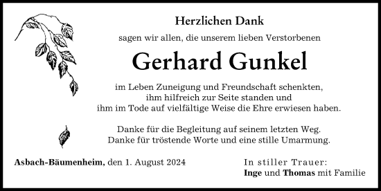 Traueranzeige von Gerhard Gunkel von Donauwörther Zeitung