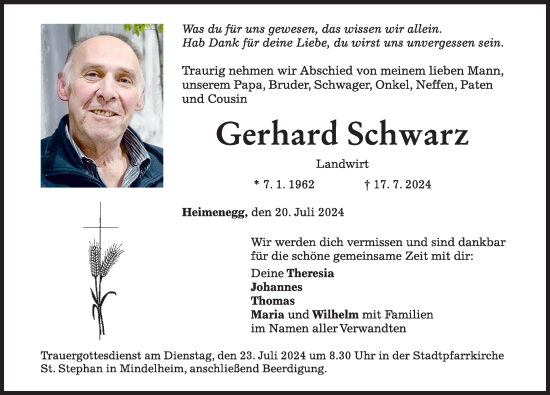 Traueranzeige von Gerhard Schwarz von Mindelheimer Zeitung