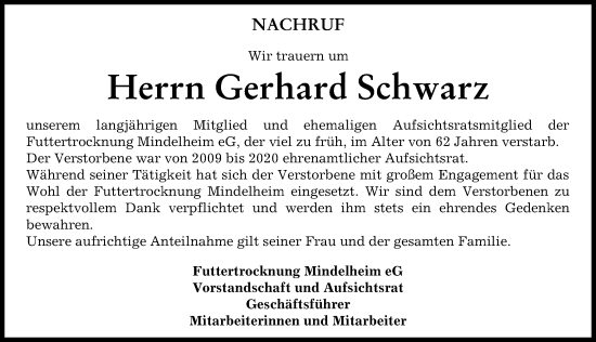 Traueranzeige von Gerhard Schwarz von Mindelheimer Zeitung