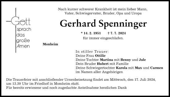 Traueranzeige von Gerhard Spenninger von Donauwörther Zeitung