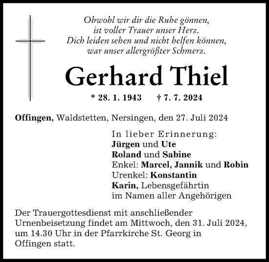 Traueranzeige von Gerhard Thiel von Günzburger Zeitung