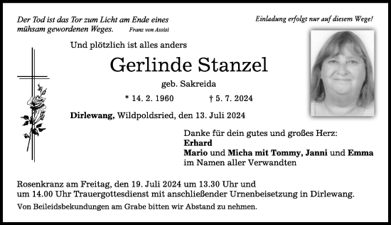 Traueranzeige von Gerlinde Stanzel von Mindelheimer Zeitung