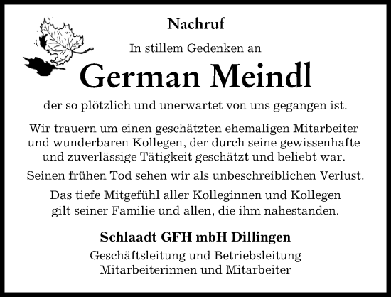 Traueranzeige von German Meindl von Donau Zeitung