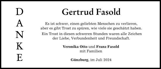 Traueranzeige von Gertrud Fasold von Günzburger Zeitung