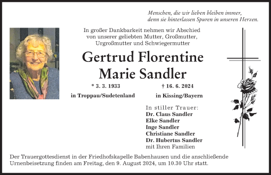Traueranzeige von Gertrud  Florentine Marie Sandler von Illertisser Zeitung