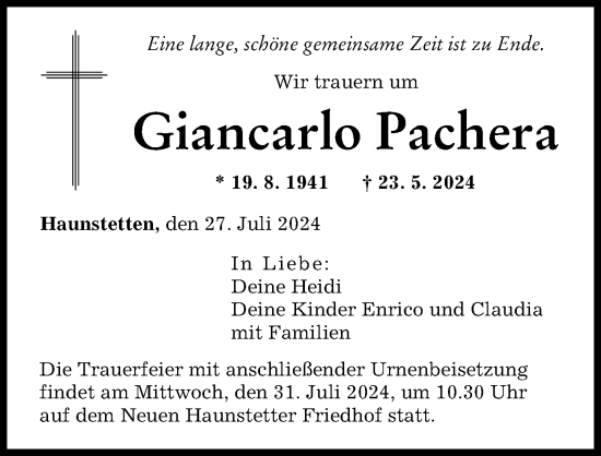 Traueranzeige von Giancarlo Pachera von Augsburger Allgemeine