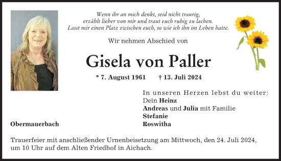 Traueranzeige von Gisela von Paller von Aichacher Nachrichten