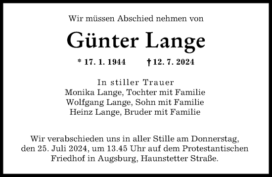 Traueranzeige von Günter Lange von Augsburger Allgemeine