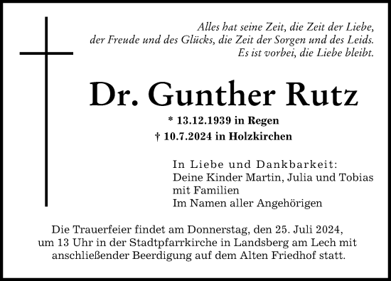 Traueranzeige von Gunther Rutz von Landsberger Tagblatt