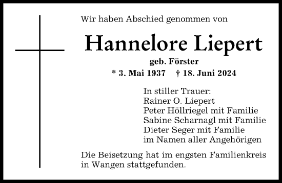 Traueranzeige von Hannelore Liepert von Mindelheimer Zeitung