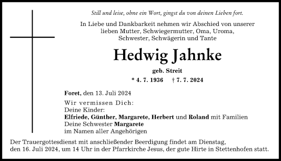 Traueranzeige von Hedwig Jahnke von Augsburg-Land