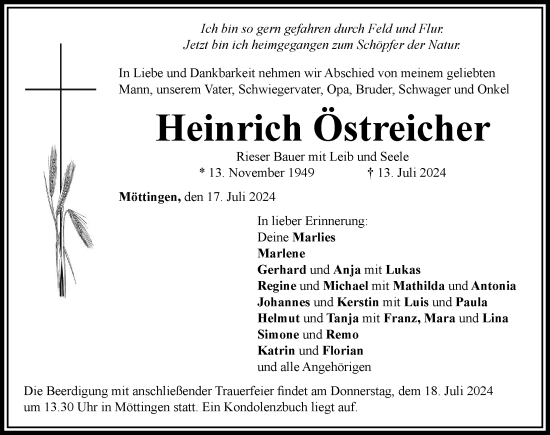 Traueranzeige von Heinrich Östreicher von Rieser Nachrichten