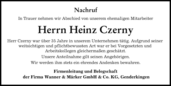 Traueranzeige von Heinz Czerny von Neuburger Rundschau