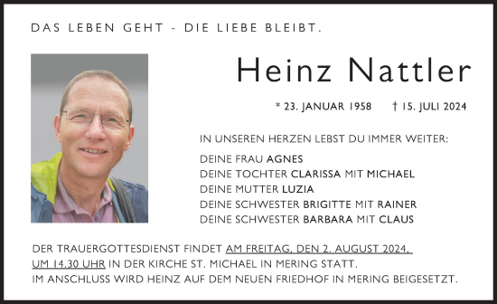 Traueranzeige von Heinz Nattler von Augsburger Allgemeine