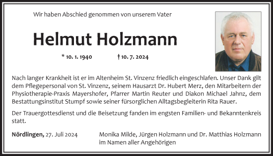 Traueranzeige von Helmut Holzmann von Rieser Nachrichten