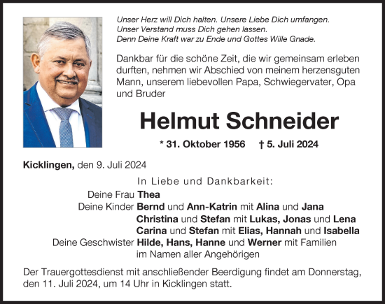 Traueranzeige von Helmut Schneider von Wertinger Zeitung, Donau Zeitung