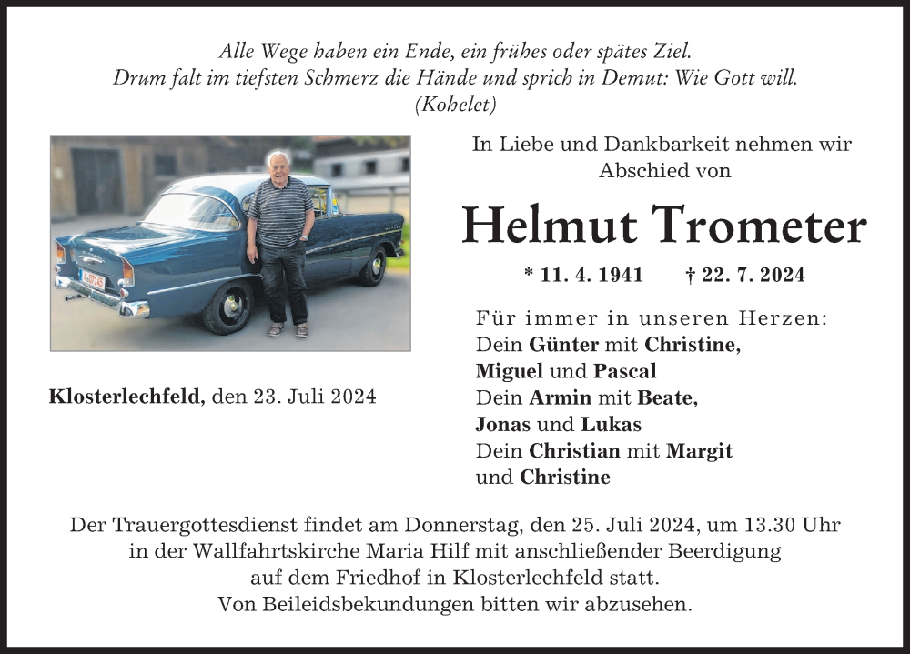  Traueranzeige für Helmut Trometer vom 23.07.2024 aus Schwabmünchner Allgemeine