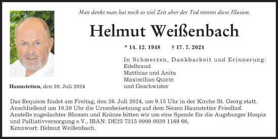 Traueranzeige von Helmut Weißenbach von Augsburger Allgemeine