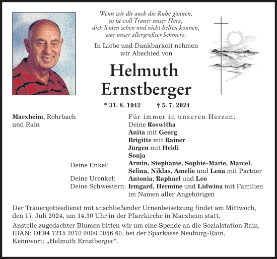 Traueranzeige von Helmuth Ernstberger von Donauwörther Zeitung