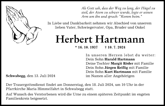 Traueranzeige von Herbert Hartmann von Schwabmünchner Allgemeine