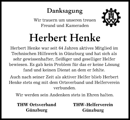 Traueranzeige von Herbert Henke von Günzburger Zeitung