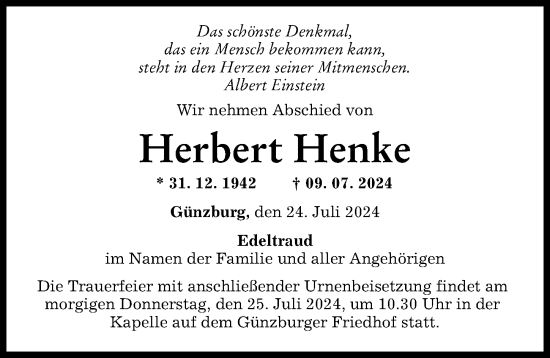 Traueranzeige von Herbert Henke von Günzburger Zeitung
